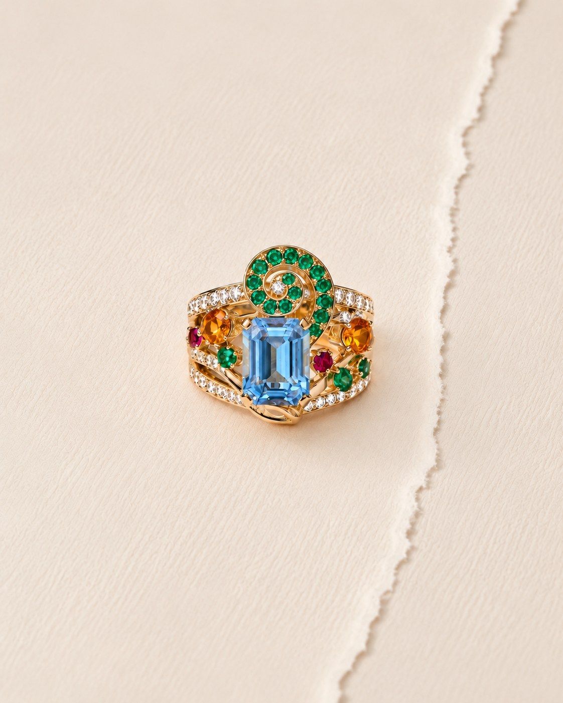 Bague achevée sertie de gemmes colorées